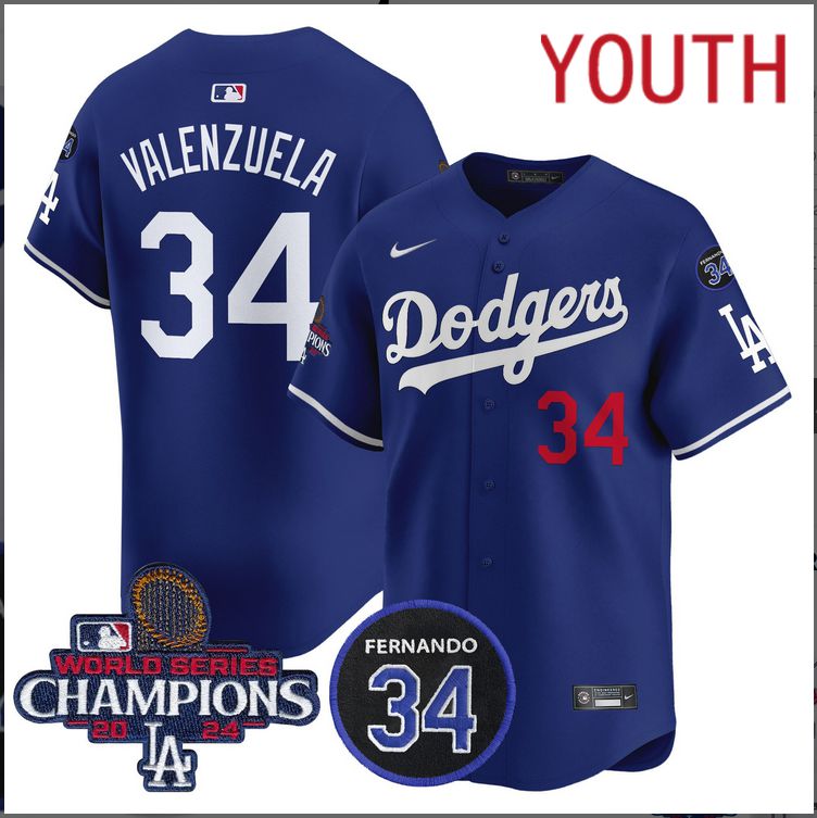 Youth  MLB Los Angeles Dodgers #34 Valenzuela blue 2024 World Series Champions Patch Limited Jersey->youth mlb jersey->Youth Jersey